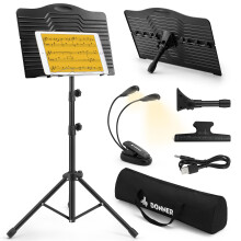 Donner Sheet Music Stand Foldable Travel Metal Stand Adjustable DMS-1 with Carrying Bag, Rotating Chargeable Music Light and Clip Holder, Portable Pr