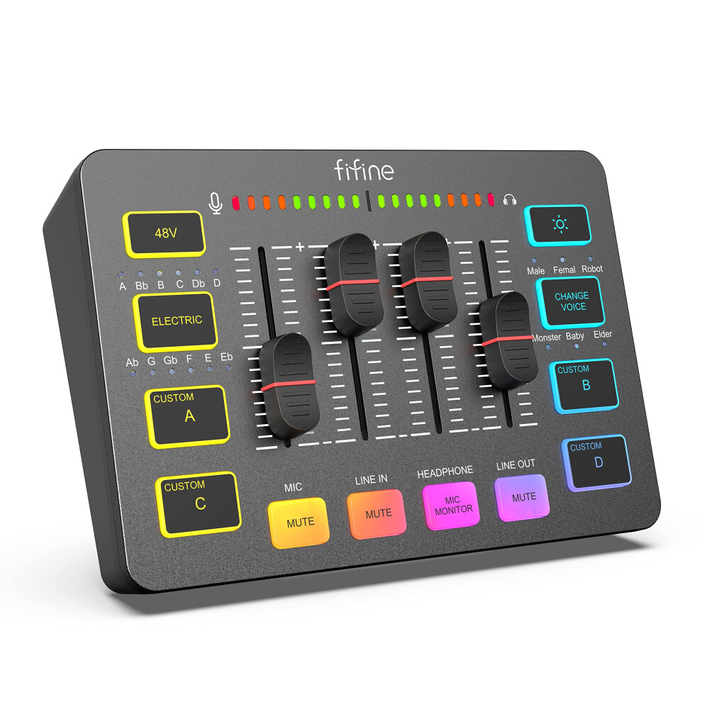 Fifine Gaming Audio Mixer For Streaming, Rgb Pc Audio Interface, Dj Mixer With Xlr Microphone Interface Volume Fader Individual Channel Design, Custo