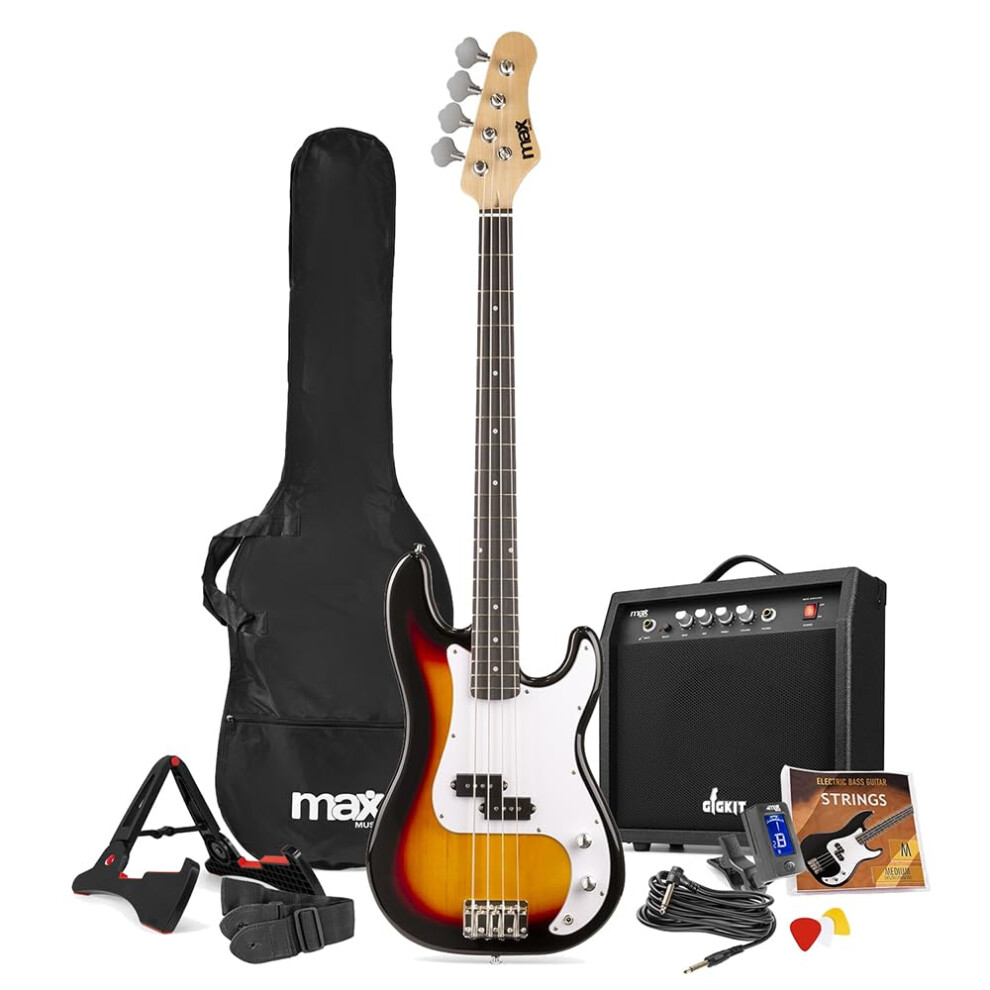 MAX Gigkit Electric Beginner Bass Guitar Pack in Sunburst Finish â Ideal Learner Bass Guitar Starter Pack with 15W Amplifier, Accessories, & 6 Month