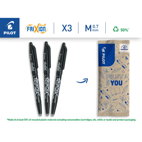 Pilot PILOT - FriXion Ball Erasable Rollerball Pen - Medium 0.7mm Tip - 3 x Black 1