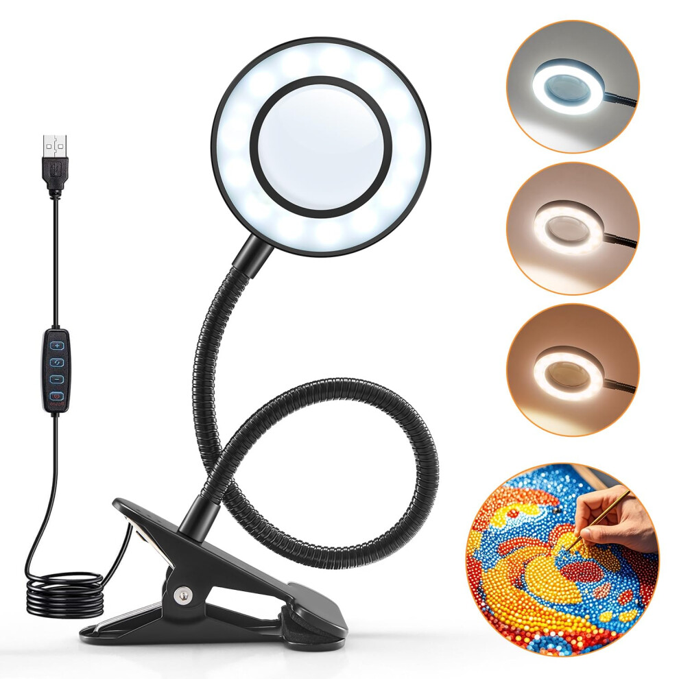 Pikoy Magnifying Glass With Light 10X Magnifying Lamp, 9W*48 Led For Craft Hobbies, 3*Modes 10*Dimmable Magnifier Glass With Light And Stand For Reading La