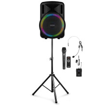 Fenton FT15LED MK2 15" Battery Powered Portable PA System with Bluetooth, Wireless Handheld and Headset Mics, Adjustable Speaker Stand - 800W Active