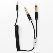 MyVolts Candycord audio cable, straight mini jack to 2 x straight large jack, curly 40cm to 50cm, Liquorice Black colour
