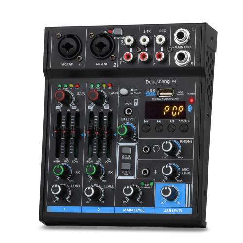 Professional Audio Mixer Sound Card Console Interface System 4 Channels USB Digital Bluetooth MP3 Computer Input 48V Phantom Power Stereo DJ Studio S