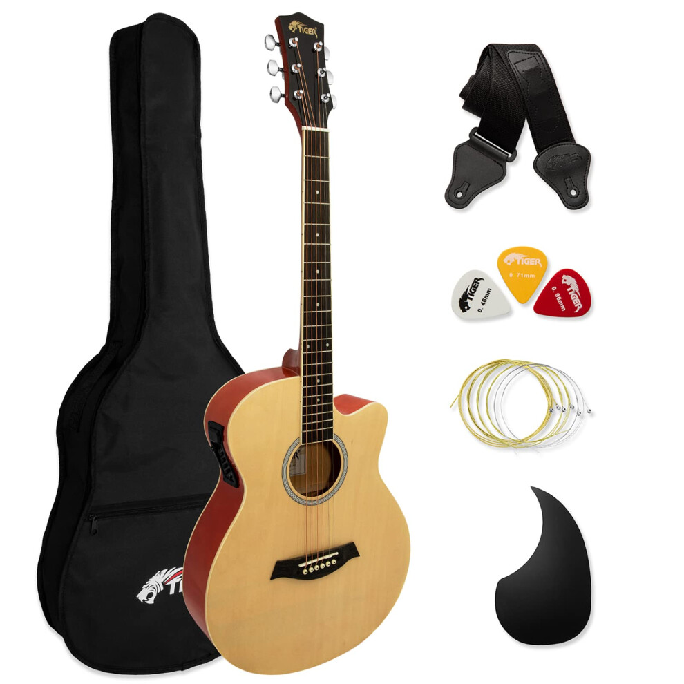 TIGER ACG4-NT Full Size Electro Acoustic Guitar for Beginners - with Built-in 3-Band EQ -Package includes Gig-bag, Strap, and Spare Strings - Natural