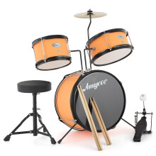 Junior Drum Kit 5-Piece, Complete Kids Beginner Drum Set with Snare, Bass Drum, Toms, Hi-Hat, Crash Cymbal, Stool & Sticks – Ages 3-10, Yellow