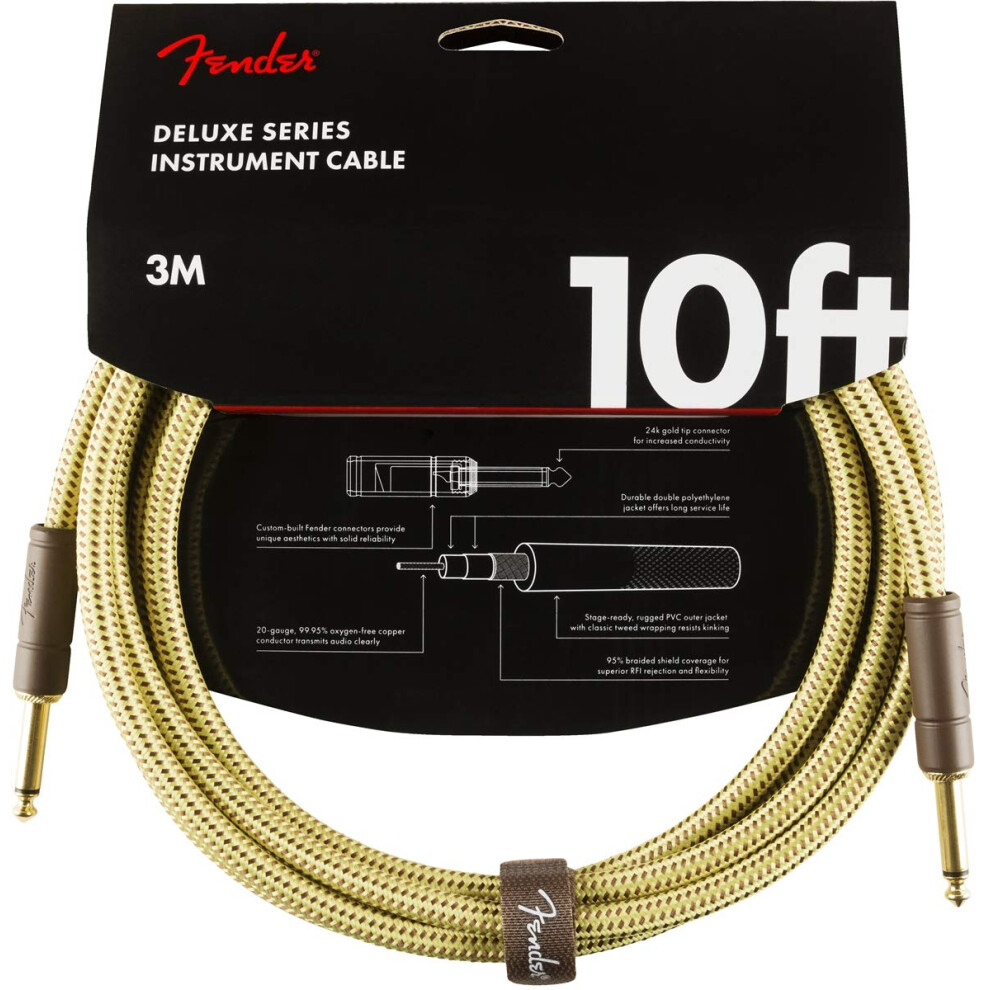 Fender Deluxe Series Instrument Guitar Cable, 10Ft / 3M, Straight/Straight Jacks, Tweed