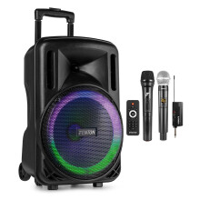 Fenton FT12LED MK2 12" Portable PA System with Two Wireless Microphones, Rechargeable Battery, LED Illuminated Woofer, Bluetooth Streaming & Remote C