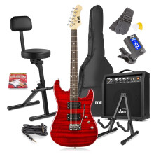 MAX GigKit Beginner Electric Guitar Kit - Dark Red Quilt Top with 40W Amplifier, Folding Guitar Stool, Stand & Starter Pack Accessories