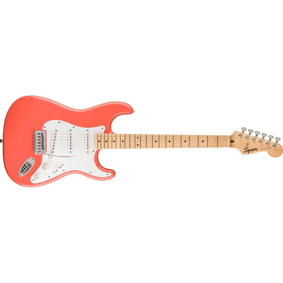 Fender Squier By Limited Edition Sonic Stratocaster Electric Guitar, Maple Fingerboard, Pickguard, Tahitian White/Coral