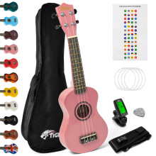 Tiger UKEKIT-PK Soprano Ukulele Kit – Suitable for Beginners and Children – Chromatic Tuner, Strap, Carry Bag, Notes Sticker, Felt Pick, Spare Str