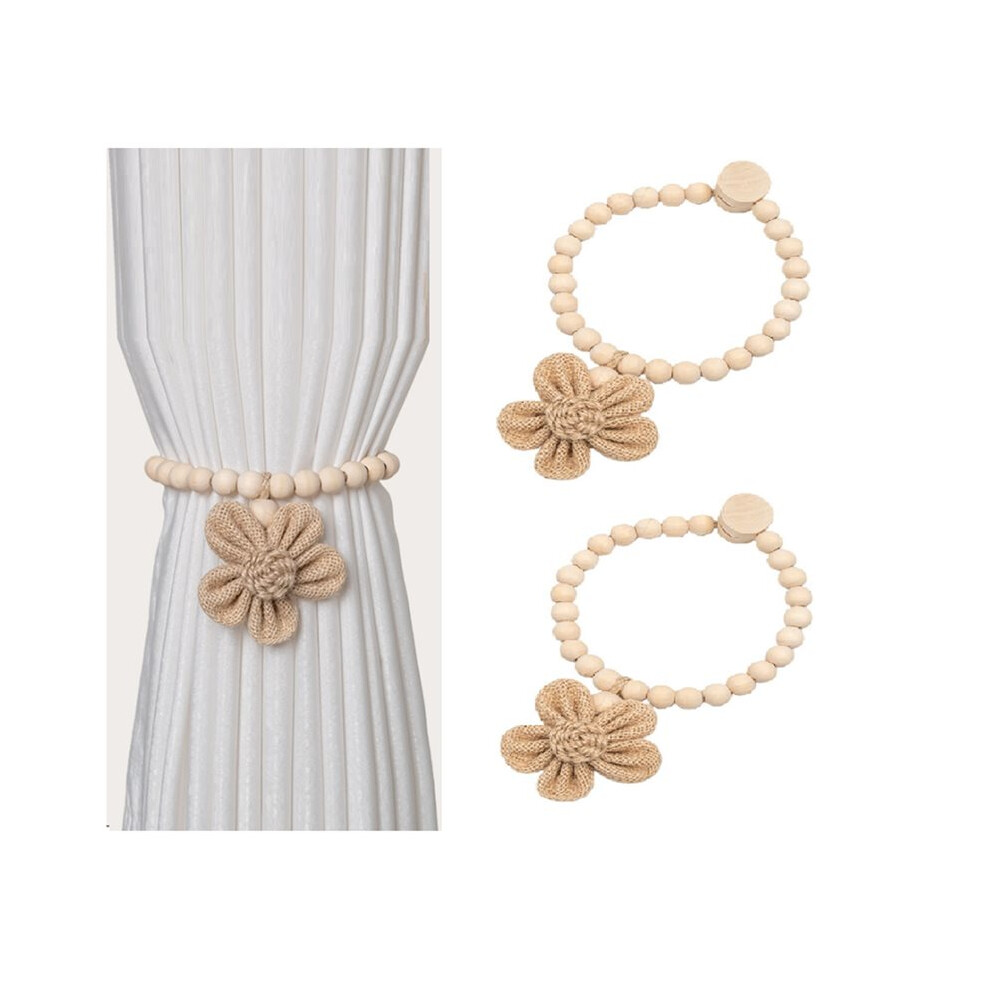 Saudism 2 Pcs Strong Magnetic Curtain Holdbacks Beaded Sunflower Magnetic Curtain Tiebacks Boho Wooden Curtain Tie Backs Brown