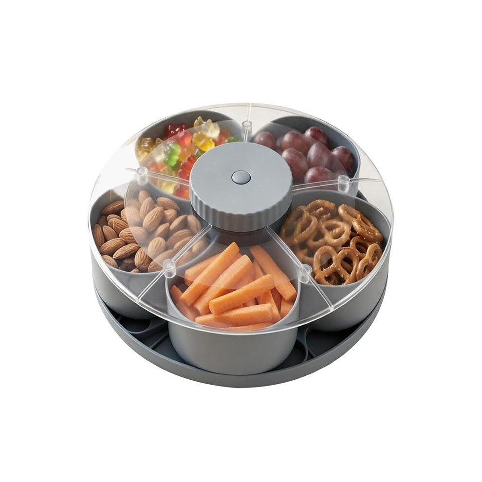 Saudism Divided Spins & Snack Serving Tray Portable Travel Rotating Multi-Compartment Food Organizer With Lid For Chips Fruits
