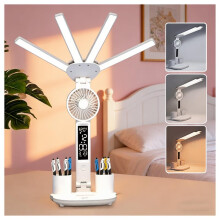 Led Desk Lamp with Fan Study Light with Clock 5 Lighting Modes,3 Brightness Levels with Pen Holder