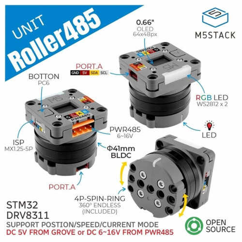 M5Stack Roller485 Unit with BLDC Motor (STM32) RS485 Motion Control Module Kit, for Robotics, , Conveyor Systems 1