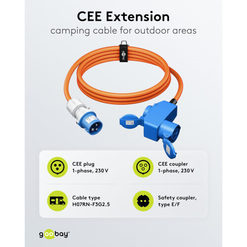 goobay EEC Adapter Cable for Caravan, 1.5 m, EEC Plug to 90 EEC Socket and Protective Contact Socket with Locking Caps, Camping Cable, Motorhome and 1