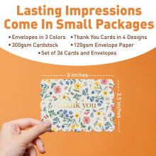 SWEETZER & ORANGE Blooming Fields Mini Thank You Cards – Set of 36 3.5x5” Gold Foil Thank You Cards With Scalloped Edges, Envelopes & Storage Box