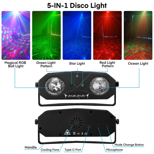 5-in-1 Disco Lights with Tripod Stand, LED DJ Party Light with Remote 1