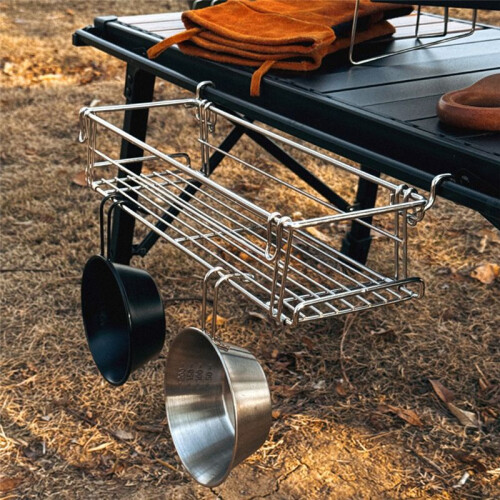 Foldable Basket Table Side Rack Stainless Steel Storage Rack Portable Organizer for Beach Backyard BBQ 2