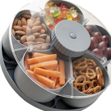 Vassoio Girevole e Diviso per Snack, Portatile, da Viaggio, con Scomparti Multipli e Coperchio, Ideale per Patatine e Frutta.