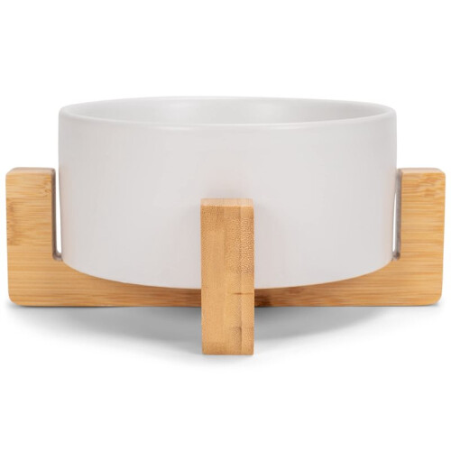 Gamelle de Luxe pour Animaux de Compagnie (Chats et Chiens) en Grès Blanc et Bois, avec Support