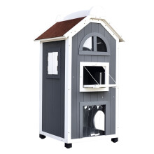 Kattenhuis voor buiten, kattenhuis met twee verdiepingen, gemaakt van vurenhout, weerbestendig kattenhuis met asfalt dak.