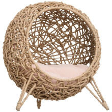 Rattan kattenhuis voor buiten met kussen, kattenbed, kattengrot met verhoogde poten, naturel, Ø52 x 58 cm