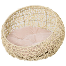 Niche pour chat d'extérieur en rotin avec coussin, tente pour chat, maison pour animaux de compagnie pour chats et chiens, beige, Ø56 x 35 cm