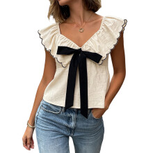 (M, White) Womens Summer Blouses Casual Stylish Tie Bow Front Ruffled V Neck Sleeveless Tops
