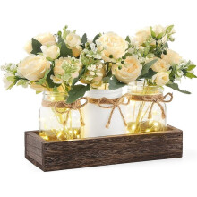 1set Center Piece of Jar Lamp with Wooden Tray, 3 Jars and Flowers, Used for Decoration of Farmhouse Restaurant