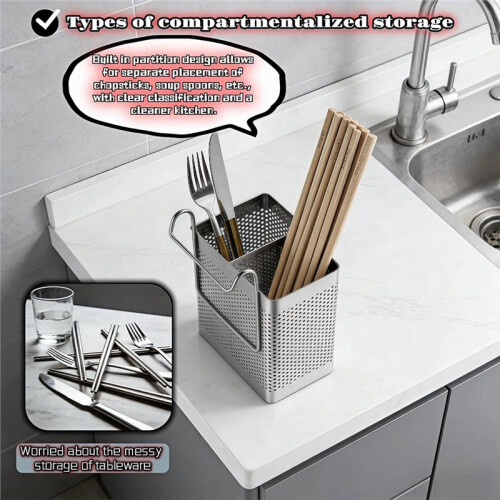 Utensil Holder for Kitchen Counter,2 Compartment Cutlery Organizer with Hooks,Dishwasher Safe Flatware Drying 2