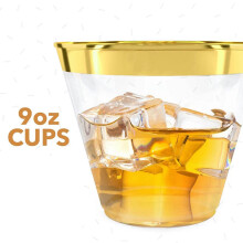 Plastic Cup 9 Oz Hard Disposable Cup Plastic Wine Glass Party Wedding Wine Glass Transparent Plastic Cup -Rose Gold Rim