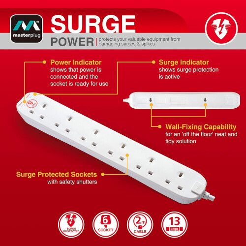 Masterplug Six Socket Surge Protected Extension Lead 2 Metres 1