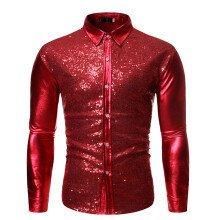 (Red, S) Men's Multi-Color Sequin Hot Stamping Spliced Dance Shirt ZT-CS86
