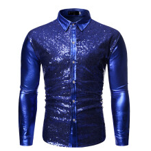 (Royal Blue, L) Men's Multi-Color Sequin Hot Stamping Spliced Dance Shirt ZT-CS86