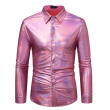 (Bright Pink, L) Men's Long Sleeve Disco Shiny Shirt ZT-A46 Winter Fall Special Price