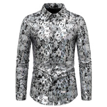 (Silver, M) Men's Metallic Snake Print Long Sleeve Shirt ZT-A47 Hot Stamping Autumn Top