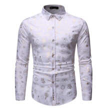 (White, L) Youth Men's Autumn Long Sleeve Christmas Gold Foil Shirt ZT-A27