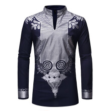 (Navy Blue, M) Men's Autumn Stand Collar Pullover Shirt Men's Tu Ethnic Chief Printed Robe ZT-FZ38
