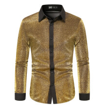 (Gold, M) Chemise à manches longues pour homme, style minimaliste printanier, à blocs de couleur et feuille d'or YC05