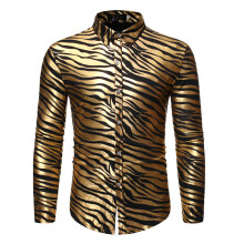(Gold, S) Men's Wave Print Hot Stamping Long Sleeve Shirt ZT-A03