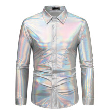 (Silver, S) Men's Long Sleeve Disco Shiny Shirt ZT-A46 Winter Fall Special Price