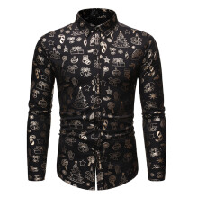 (Black, M) Youth Men's Autumn Long Sleeve Christmas Gold Foil Shirt ZT-A27