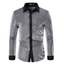 (Silver, S) Spring Minimalist Gold Foil Men's Color Block Long Sleeve Shirt YC05