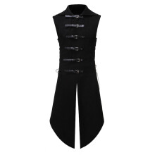 (Black, S) Medieval Renaissance Unisex Stand Collar Sleeveless Leather Buckle Top CD2952