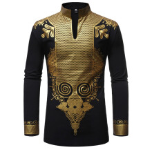 (Black, S) Men's Autumn Stand Collar Pullover Shirt Men's Tu Ethnic Chief Printed Robe ZT-FZ38