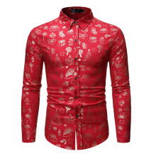 (Red, 2XL) Youth Men's Autumn Long Sleeve Christmas Gold Foil Shirt ZT-A27