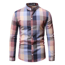 (Pink, L) Men's Fall Winter Long Sleeve Plaid Stand Collar Base Shirt