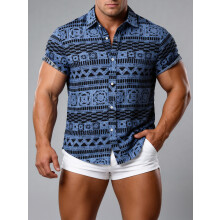 (Blue, XL) Chemise à manches courtes à imprimé floral ethnique grande taille pour homme, style décontracté d'été et de plage