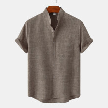 (Khaki, XL) Chemise d'été pour homme, manches courtes, en coton et lin, couleur unie, style décontracté